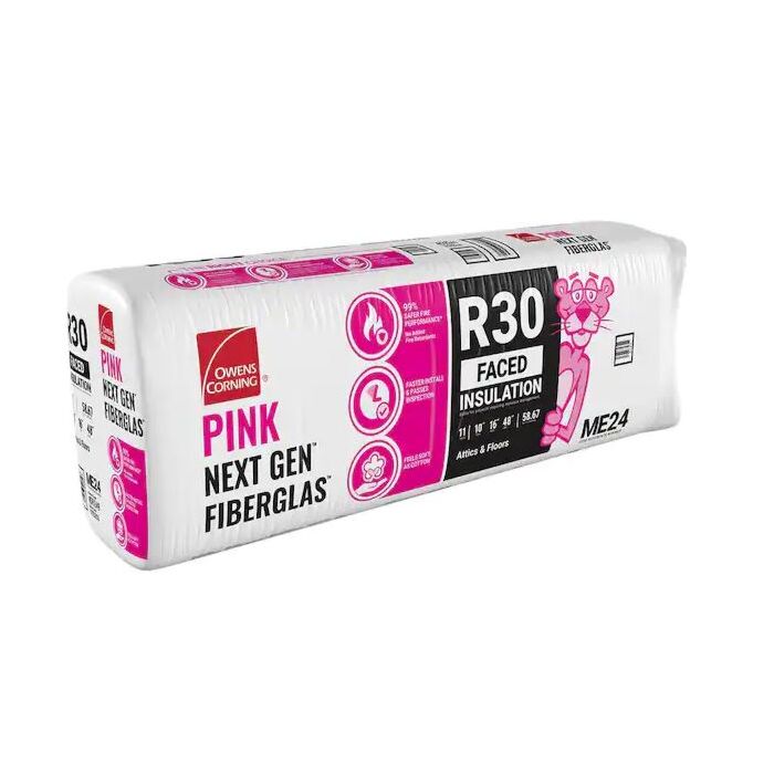 A package of Owens Corning R30 16 in. x 48 in. Unfaced Fiberglass Insulation Batt 53SQ FT, with product details on a white and pink wrapper featuring the brand's pink cartoon panther mascot.